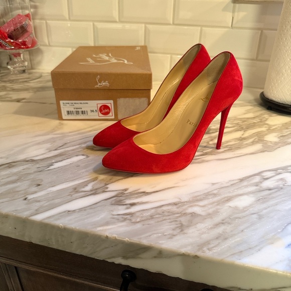 Christian Louboutin Vibrant Red Suede Heels - Picture 2 of 7